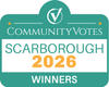 CommunityVotes Scarborough 2026 Winners badge with teal and yellow-green color scheme.