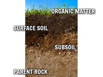 Soil layers diagram: organic matter, surface soil, subsoil, and parent rock, labeled from top to bottom.