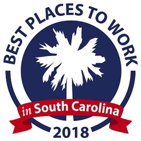 Logo with a palm tree silhouette, text reads "Best Places to Work in South Carolina 2018.