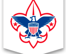 Boy Scouts of America logo with an eagle and shield in blue and red on a fleur-de-lis.