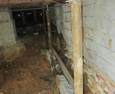 Crawl space with exposed dirt floor, support beams, and concrete walls.