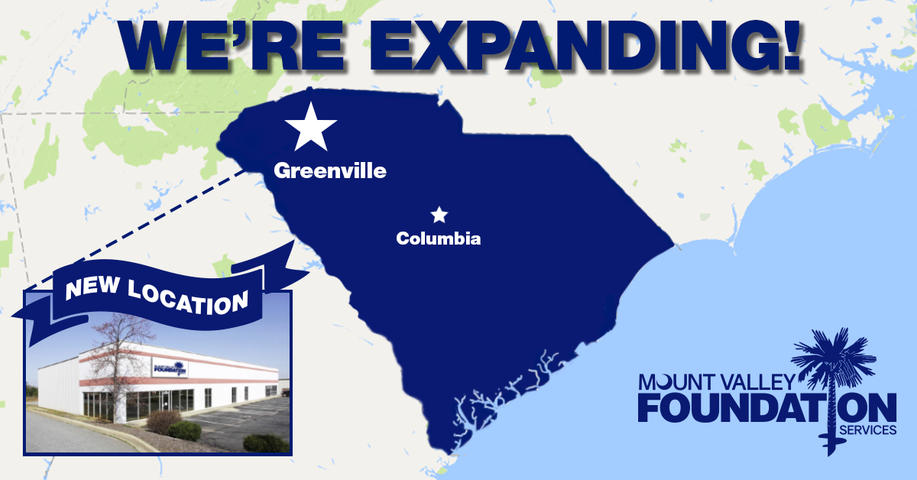 Graphic showing a new location for Mount Valley Foundation Services in Greenville, SC, with an exterior building photo.
