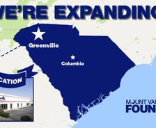 Graphic showing a new location for Mount Valley Foundation Services in Greenville, SC, with an exterior building photo.