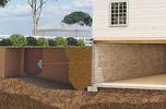Illustration of push pier repairing bowing basement wall.