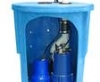 A robust blue submersible pump system housed in a cylindrical container, complete with visible cables and pipes, ideal for a basement sump pump setup.