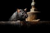 A close-up of a rat in the basement.