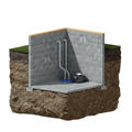 Cross-section of a basement corner with a sump pump installed and pipes leading outside.