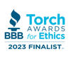 BBB Torch Awards for Ethics 2023 Finalist logo featuring a torch symbol.