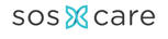 Logo with the text "sos care" and a blue stylized butterfly design between "sos" and "care".