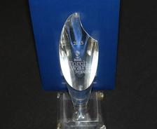 Crystal trophy with "2015 BBB Torch Awards for Ethics" engraved, displayed against a blue background.