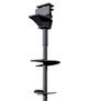 Black metal sculpture with geometric shapes and a slender pole structure, reminiscent of foundation piers, stands elegantly against a plain white background.