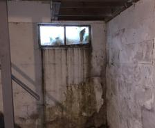 Water damage on basement window and wall