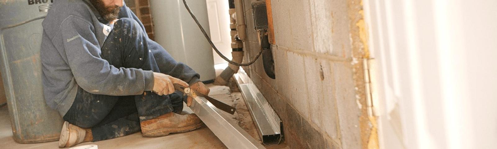 THBS crew installing interior drainage in basement