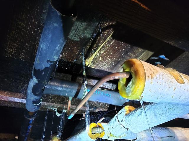 Basement pipes leaking with wet wood joist.