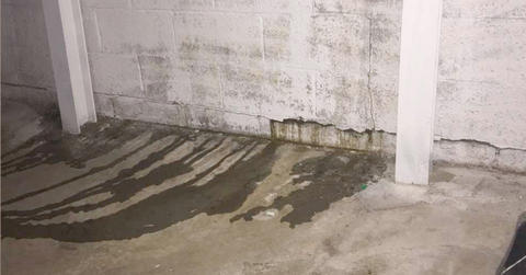 Water intrusion on basement wall and floor.