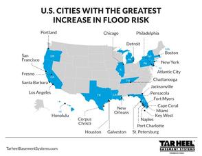 U.S. cities with the greatest increase in flood risk map with THBS logo