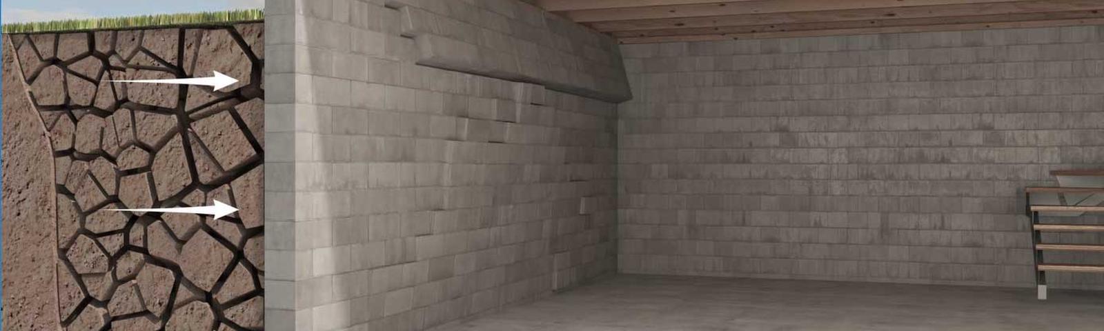 3D animation of dry soil pushing into a bowing wall in the basement.
