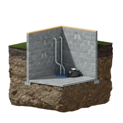 3D animation of the sump pump and backup battery in a basement.