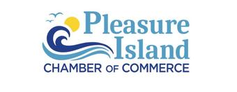 Pleasure Island Chamber of Commerce logo with ocean wave, birds, and sun.