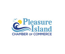 Logo of Pleasure Island Chamber of Commerce with waves, a sun, and birds.