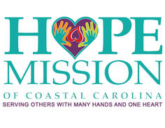 Hope Mission of Coastal Carolina logo with a heart and hands design. Text: "Serving Others with Many Hands and One Heart.