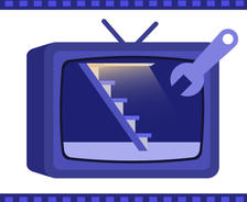 Illustration of a retro TV with a wrench and staircase on the screen, framed by a purple border.