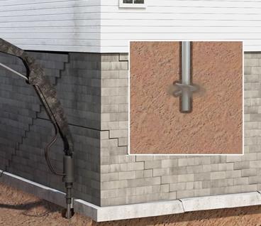 Diagram of a helical pier being installed to stabilize a home's foundation, with a detailed insert of the pier in soil.