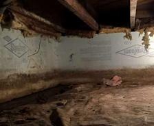 A dimly lit crawl space with exposed insulation, dirt floor, and wooden beams overhead.