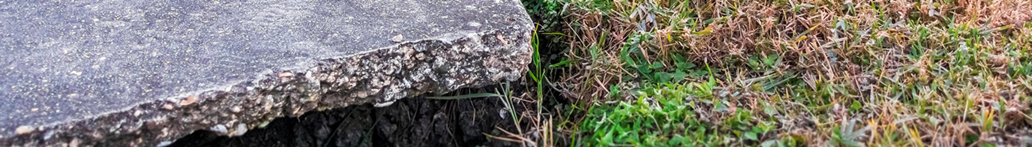 Close-up of an uneven concrete slab next to a patch of grass and weeds.