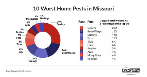 Pie chart showing the 10 worst home pests in Missouri; spiders and bees/wasps are the top two.