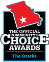 Logo for The Official Community's Choice Awards with a red star on a map of the Ozarks.