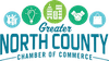 Logo for Greater North County Chamber of Commerce with icons of family, lightbulb, buildings, handshake, and shopping bag.