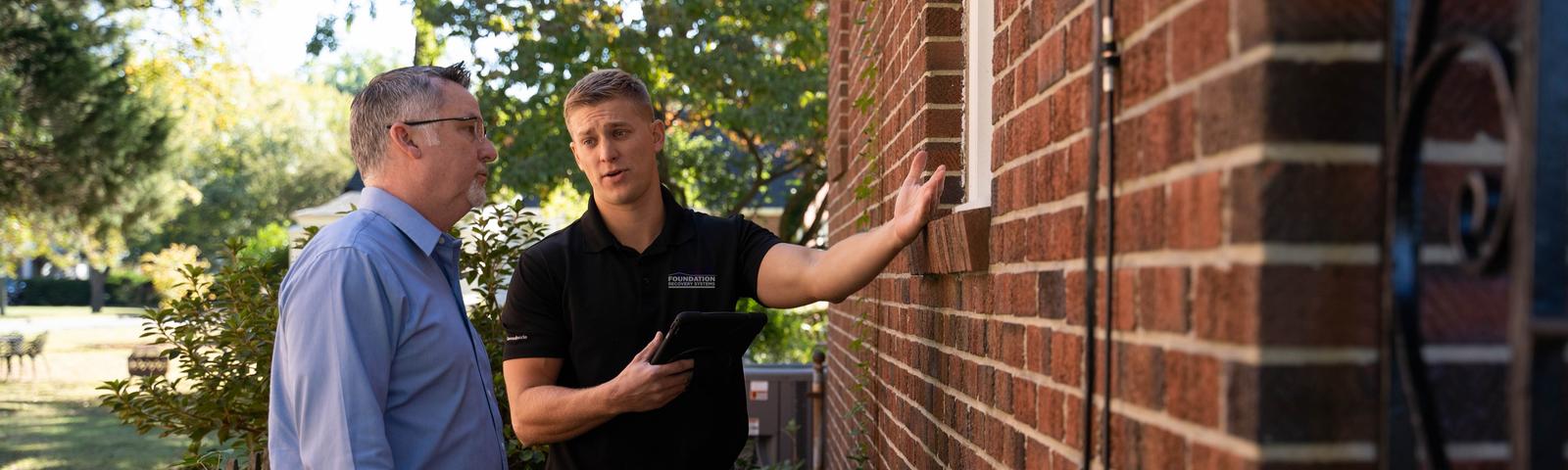 CFI speaking to homeowner while pointing at home's exterior.