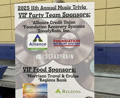 Poster listing sponsors for the "2025 11th Annual Music Trivia" event, featuring various company logos.