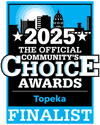 2025 Topeka Community's Choice Awards finalist badge with city skyline in blue and black.