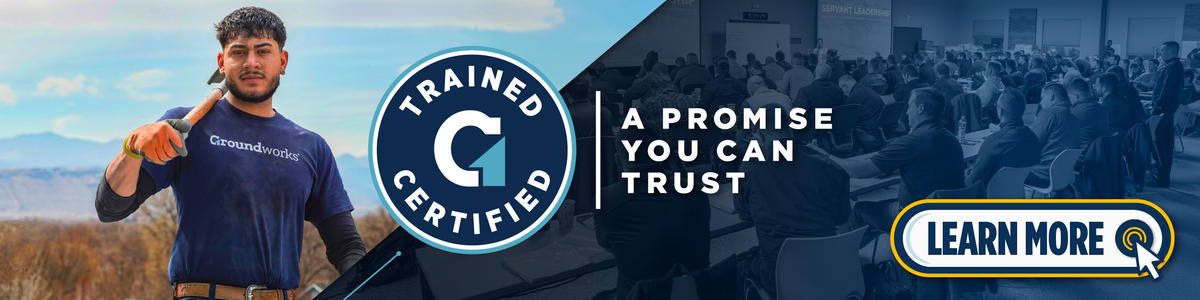 Man holding a shovel, "Trained Certified" badge, classroom scene, and "Learn More" button on the right.
