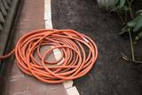 A coiled orange garden hose lies on tiled pavement next to a soil bed with green plants.