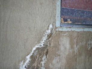 Wall with water damage and efflorescence near a window. Peeling paint and salt deposits are visible.