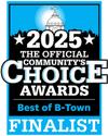 2025 Official Community’s Choice Awards logo; Best of B-Town finalist badge in blue, black, and white.