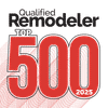 Qualified Remodeler Top 500 2025 logo with large red numbers and graphic line background.