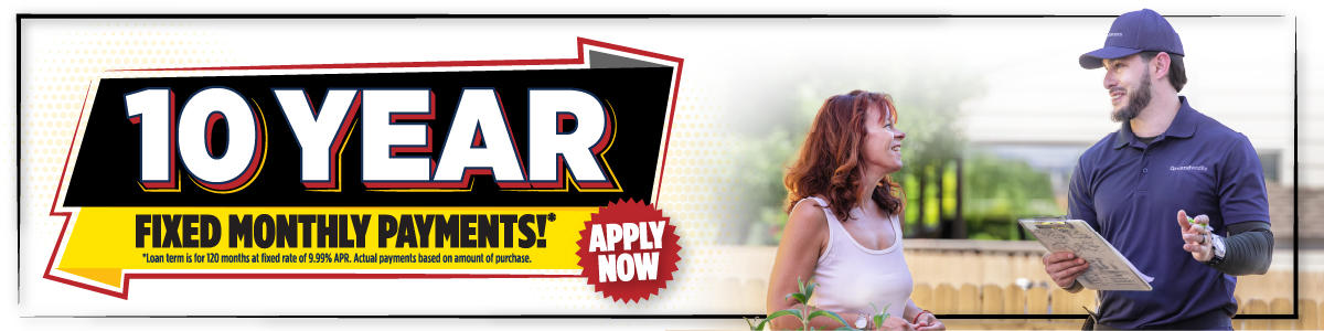 10 year fixed monthly payments offer; woman speaks with a worker holding a clipboard; apply now button visible.