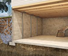 Illustration of a house's cutaway showing a basement with concrete walls, exposed soil, and wooden stairs.