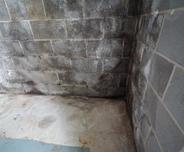 Water stains on the interior basement wall and floor.