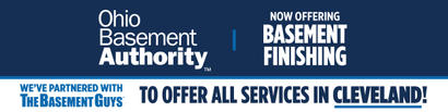 Banner for Ohio Basement Authority announcing basement finishing services in Cleveland with The Basement Guys.
