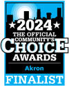Award logo: "2024 Official Community's Choice Awards Akron Finalist" with city skyline silhouette.