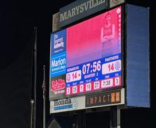 Ohio Basement Authority logo on the scoreboard during the 2025 Marysville High School Homecoming football game