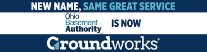 Banner reads: "New name, same great service. Ohio Basement Authority is now Groundworks." Blue and white background.